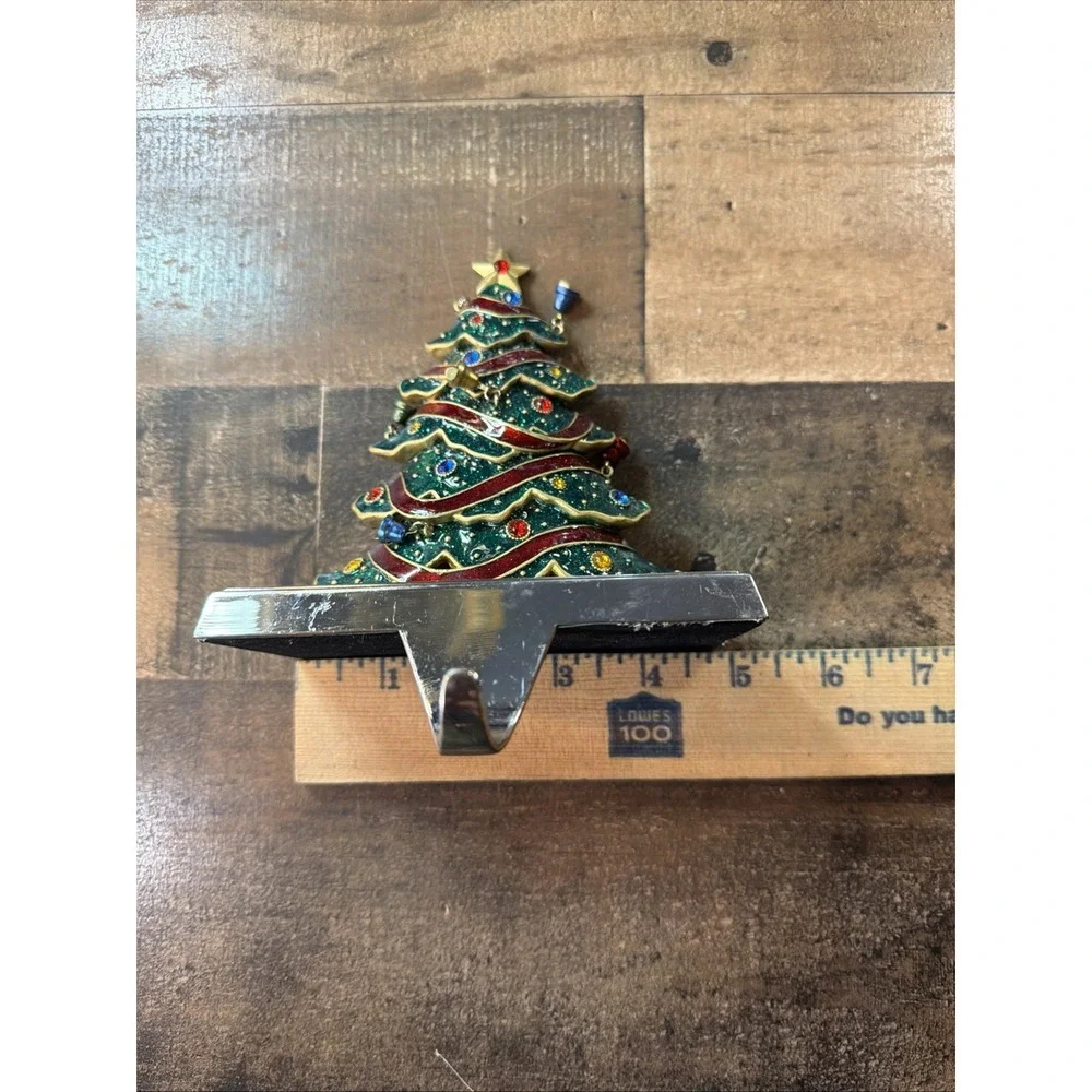 Vtg Metal Enamel Christmas Stocking Holders Lot of 3 Jeweled Tree Snowman Mantel
